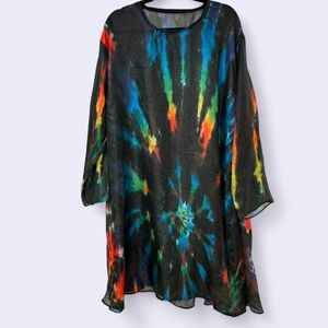 Tie-Dye Sheer Tunic Dress – Rainbow on Black